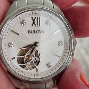 Bulova Automatic Diamond Accent Watch – 34mm Stainless Steel, Mother‑of‑Pearl